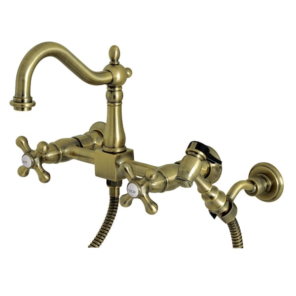Heritage Wall Mnt Bridge Kitchen Faucet W/Brass Sprayer, Brass